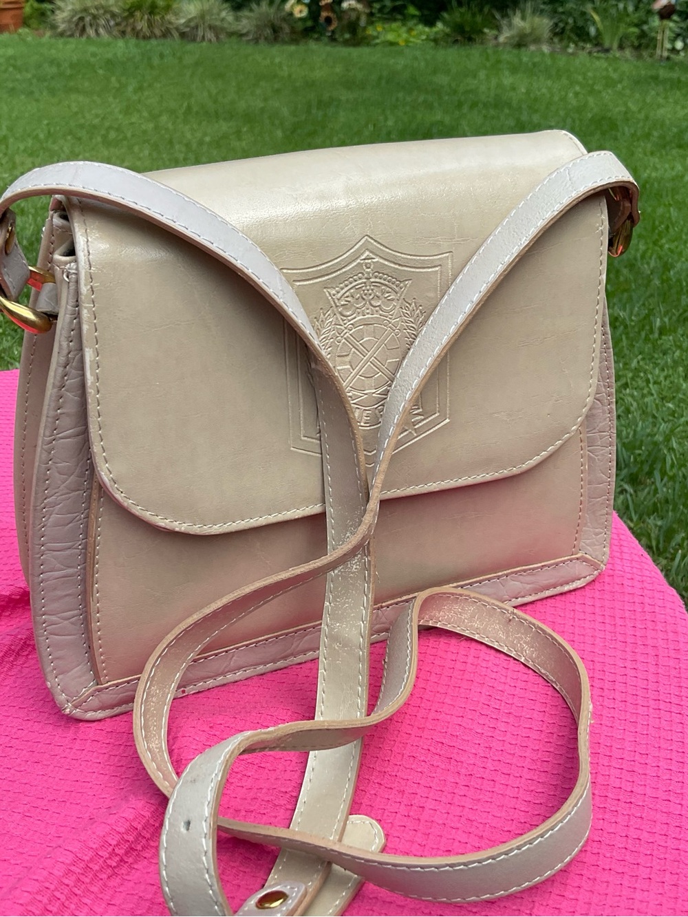 Vintage Belle Rose Leather Crossbody Bag Old Money Equestrian Structured Taupe